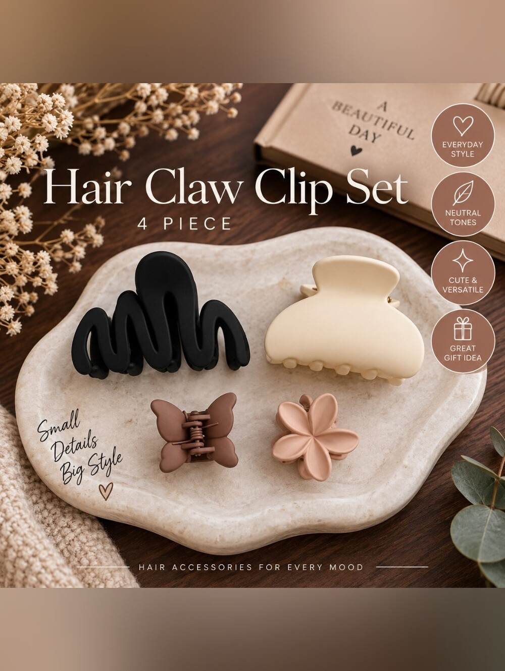 4-Piece Women’s Hair Claw Clip Set – Neutral Matte Earth Tones New